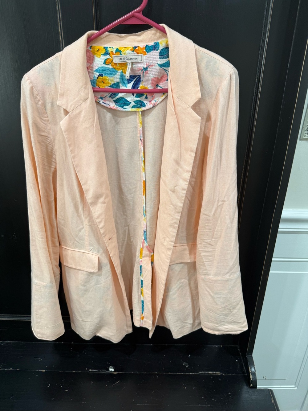 BCBGeneration Pale Pink Open-Front Blazer with Floral Trim